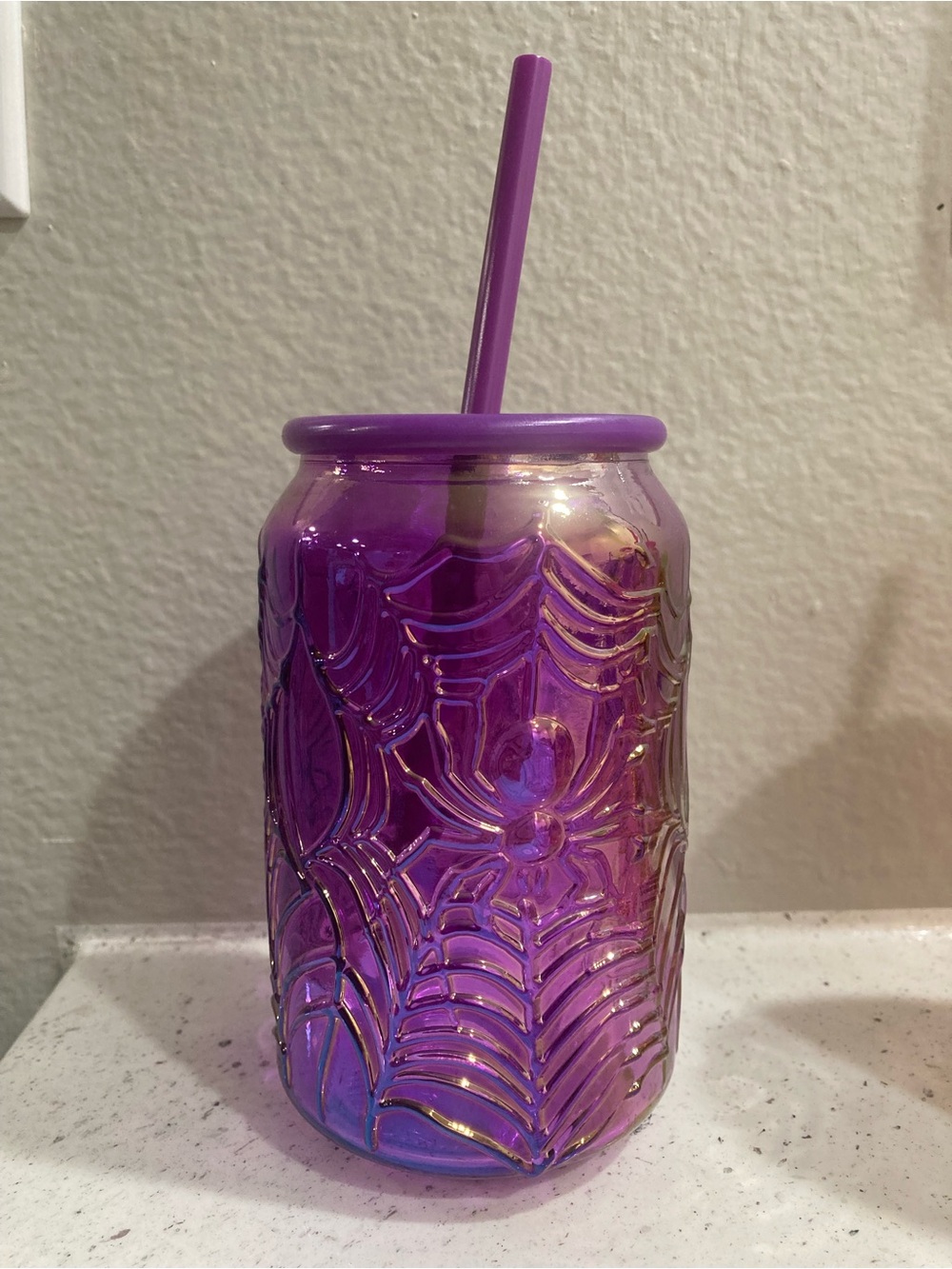 Purple Iridescent Spiderweb Can Tumbler with Straw - Fashion Drinkware